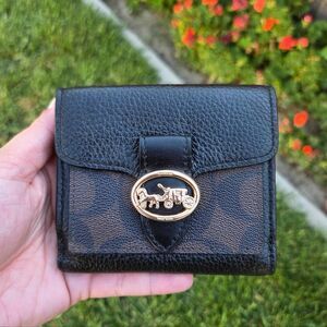 Coach Georgie Signature Canvas Colorblock Brown and Black Small Wallet